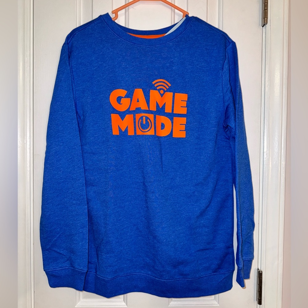 New Cat and Jack Game Mode in orange on a blue Sweatshirt